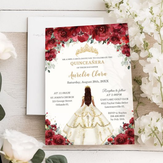 Chique Quinceañera Rode Bloemen Prinses Witte Jurk Kaart