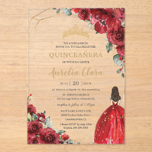 Chique Quinceañera Rode Rozen Bloemen Bloemenkroon Acryl Uitnodigingen