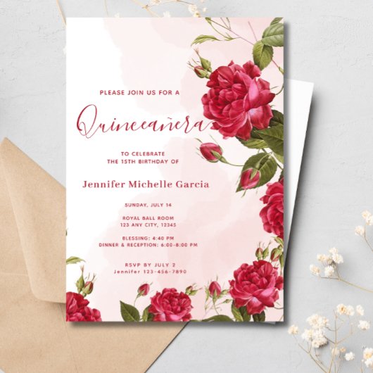 Chique Quinceañera Rode Rozen Bloemen Prinses Kaart