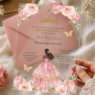 Chique Quinceañera Roze Roze Bloemen Bruine Prinse Acryl Uitnodigingen