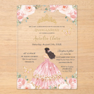 Chique Quinceañera Roze Roze Bloemen Gouden Prinse Acryl Uitnodigingen