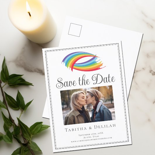 Chique Rainbow LGBT Couple Foto Save the Date Aankondigingskaart