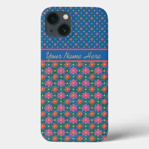 Chique Rangoli Bloemen Polka Dots op Blauwe iPad C iPhone 13 Hoesje