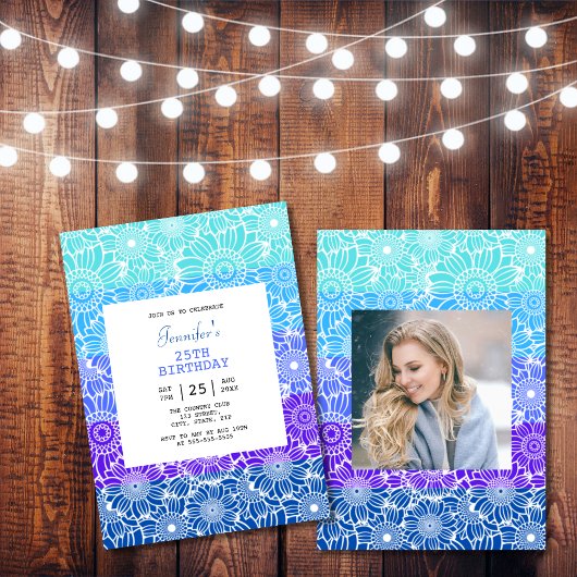 Chique regenboog blauwe strepen bloemenfoto Verjaa Kaart