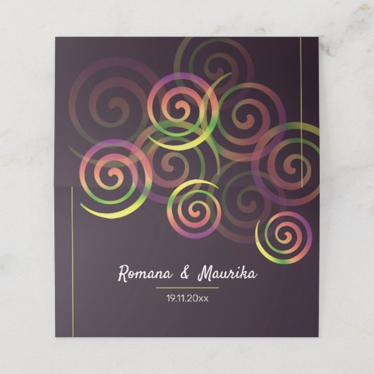 Chique regenboogspiralen op diep paars en mosterd plaatskaartje (Buitenkant ongevouwen)