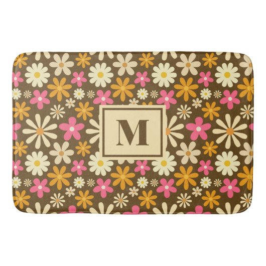Chique Retro 70s Groovy Hippie Bloem Monogram Badmat (Voorkant)