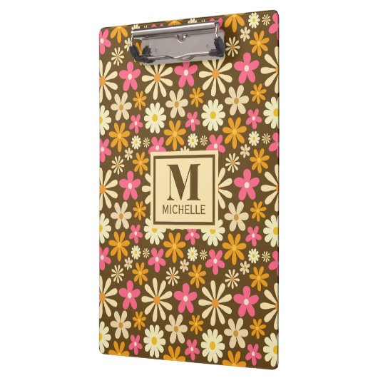 Chique Retro 70s Groovy Hippie Bloem Monogram Klembord (Links)
