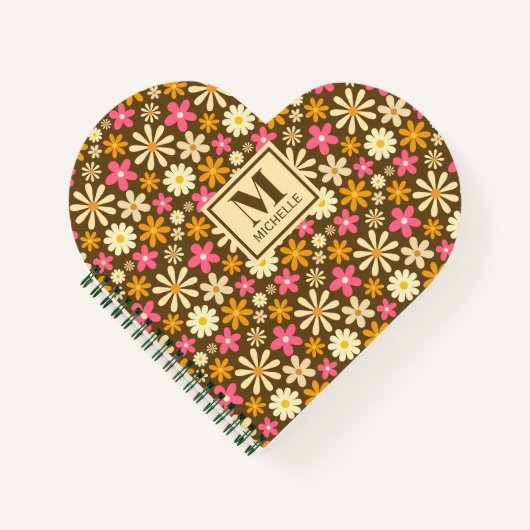 Chique Retro 70s Groovy Hippie Bloem Monogram Notitieboek (Voorkant)