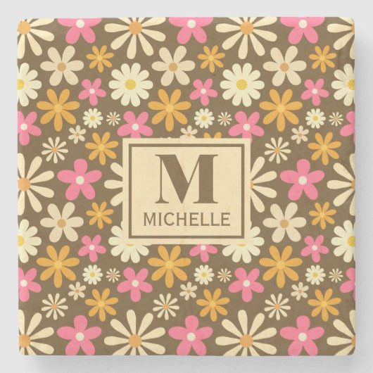 Chique Retro 70s Groovy Hippie Bloem Monogram Stenen Onderzetter (Voorkant)
