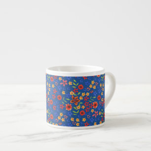Chique Retro Bloemendruk op Blauwe Espressiekop Espresso Kop