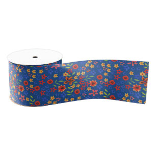 Chique Retro bloemenprint op blauw Grosgrain lint