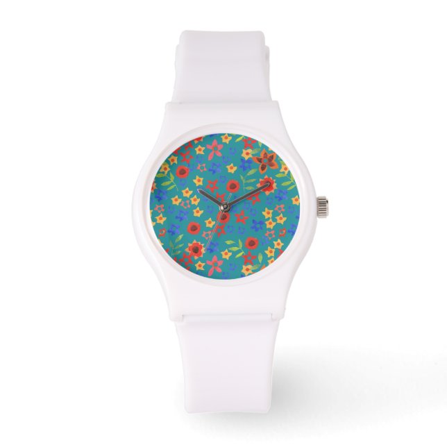 Chique Retro bloemenprint op Blauwgroen polshorlog Horloge (Voorkant)