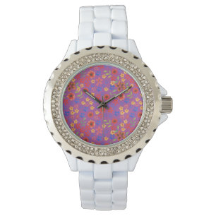 Chique Retro bloemenprint op magenta polshorloge Horloge