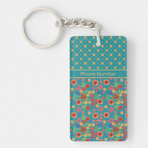 Chique Retro Floral op Blauwgroen aangepaste langw Sleutelhanger