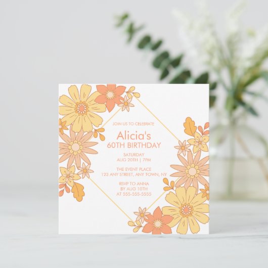 Chique Retro Hippie Sinaasappel Perzik Flora 60e V Kaart (Staand voorkant)