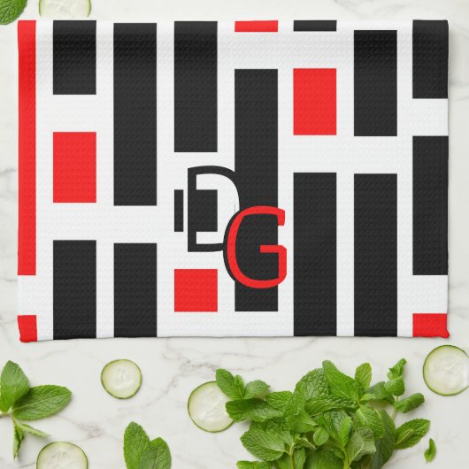  chique retro rood zwart geometrisch ontwerp theedoek (Gevouwen)