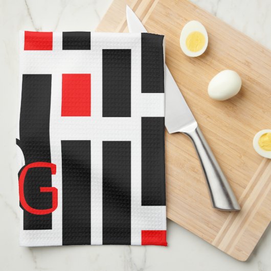 chique retro rood zwart geometrisch ontwerp theedoek (Quarter Fold)