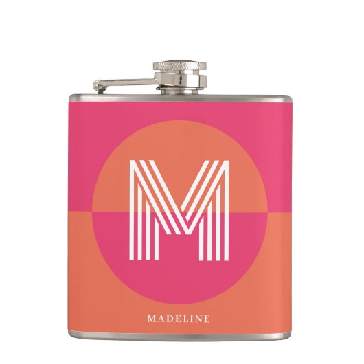 Chique Retro Roze Oranje Geometrisch Modern Monogr Heupfles (Voorkant)