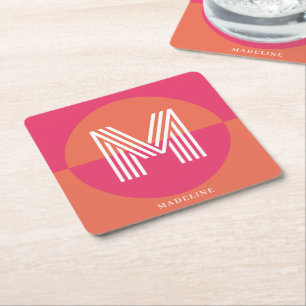 Chique Retro Roze Oranje Geometrisch Modern Monogr Kartonnen Onderzetters