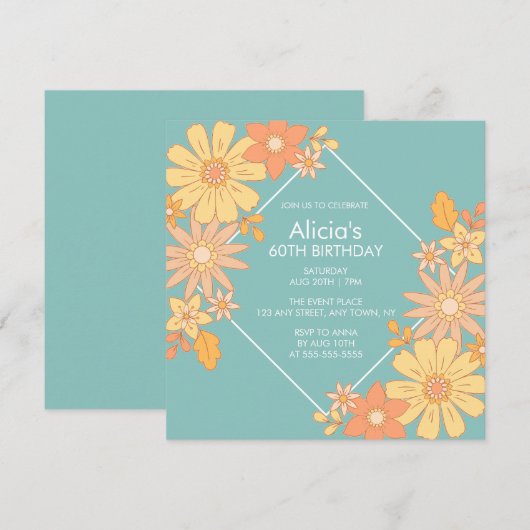 Chique Retro Sinaasappel Perzik Flora Groen 60e Ve Kaart (Voorkant / Achterkant)