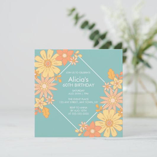 Chique Retro Sinaasappel Perzik Flora Groen 60e Ve Kaart (Staand voorkant)