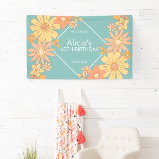 Chique Retro Sinaasappel Perzik Flora Groen 60e Ve Spandoek (Insitu)