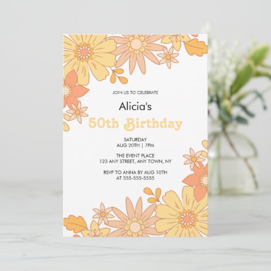 Chique Retro Sinaasappel Perzik Flora Groovy 50ste Kaart (Staand voorkant)