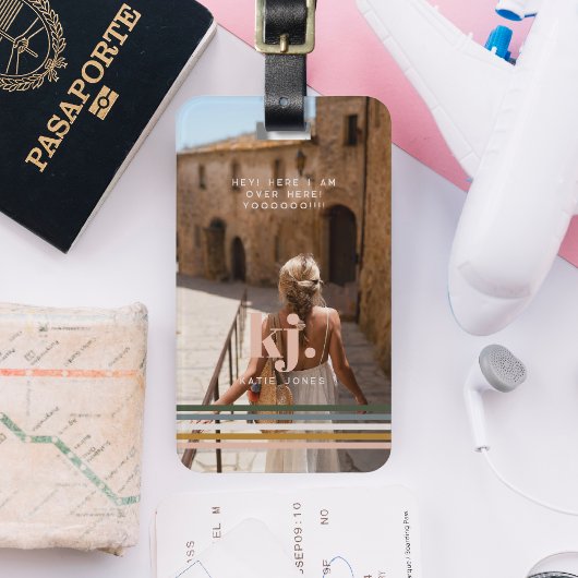 Chique Retro Stripes Monogram & Foto Bagagelabel