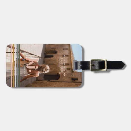 Chique Retro Stripes Monogram & Foto Bagagelabel (Voorkant horizontaal)