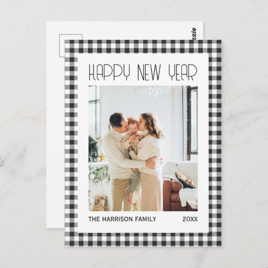Chique Retro Zwart Gingham Plaid Nieuwjaar Foto Briefkaart (Voorkant / Achterkant)