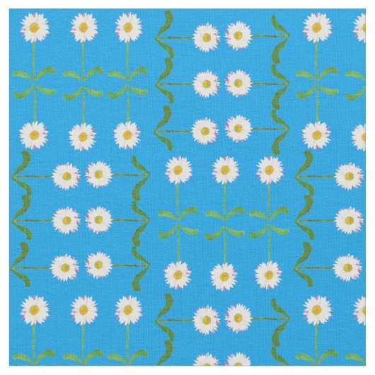 Chique Rijen van Daisies op Sky Blue Custom Fabric Stof (Close Up)