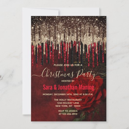 Chique rode bloem goud druppels glitter kerst kaart (Voorkant)