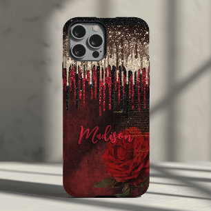 Chique rode bloem gouden druppels glinsterend mono Case-Mate iPhone 14 hoesje