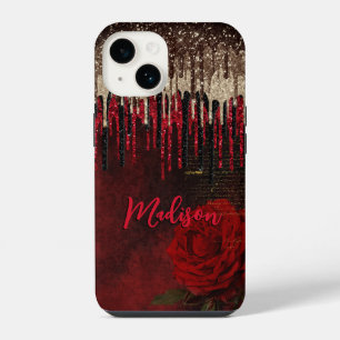 Chique rode bloem gouden druppels glinsterend mono iPhone 14 hoesje