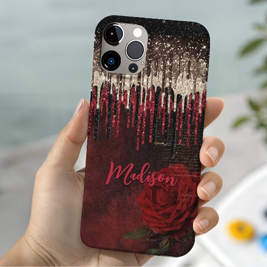 Chique rode bloem gouden druppels glitters monogra Case-Mate iPhone case