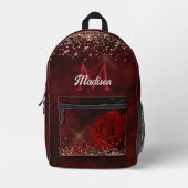 Chique rode bloem nepgoud glinsterend monogram bedrukte rugzak (Voorkant)