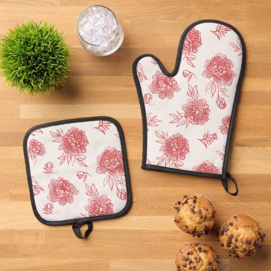 Chique Rode Bloemen Ovenwant & Pannenlap Set (Top down)