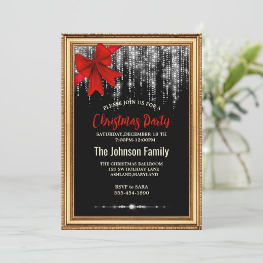 Chique rode boog zwart zilver vakantie lichten Ker Kaart (Staand voorkant)