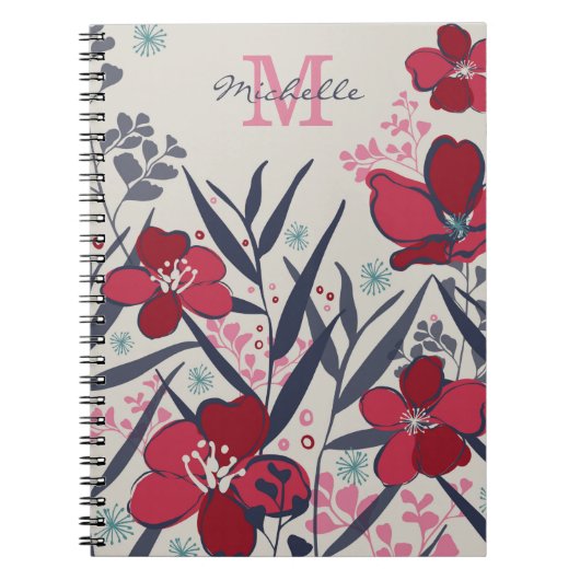 Chique rode en roze bloemige monogram notitieboek (Voorkant)