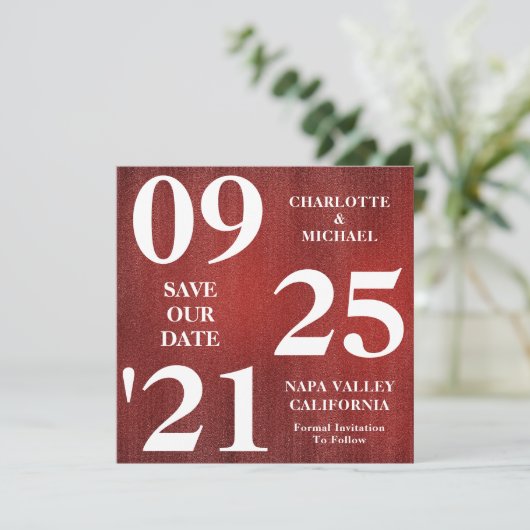 Chique Rode Glitter Sparkle Modern Save The Date Kaart (Staand voorkant)