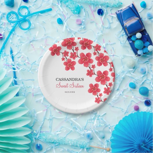 Chique rode kersenbloesem bloemenbotanische verjaa papieren bordje (Feest)