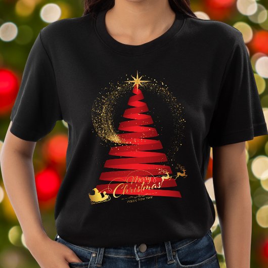 Chique Rode Kerstboom Gouden Kerstman en rendieren T-shirt