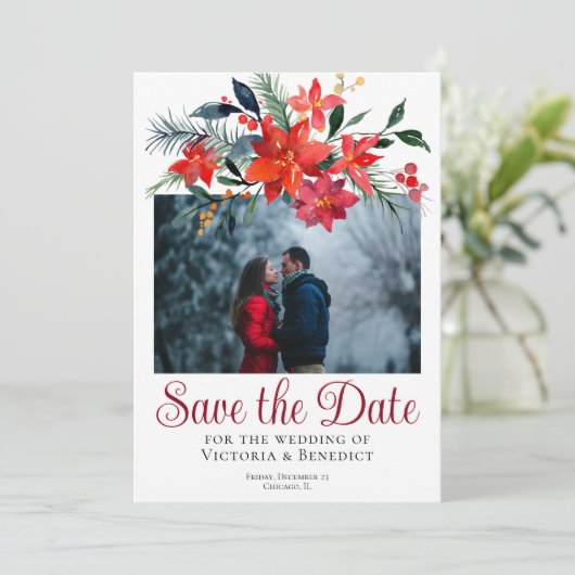 Chique Rode Kerstmis Poinsettia Foto Opslaan van d Kaart (Staand voorkant)