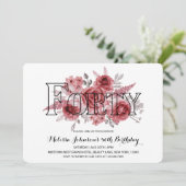 Chique rode maroon groen bloemen 40e verjaardag kaart (Staand voorkant)