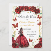 Chique rode roos bloemenquinceanera prinses save the date (Voorkant)