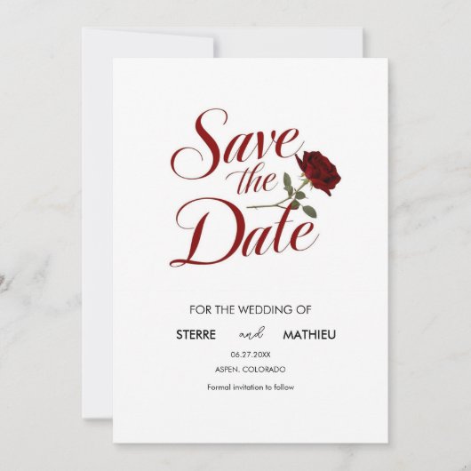 Chique rode roos bruiloft save the date (Voorkant)