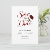 Chique rode roos bruiloft save the date (Staand voorkant)