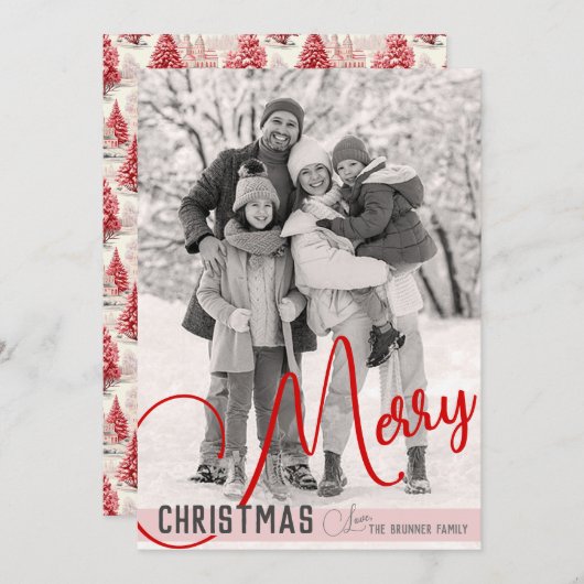  chique rode & roze kerstbomen één foto feestdagenkaart (Voorkant / Achterkant)