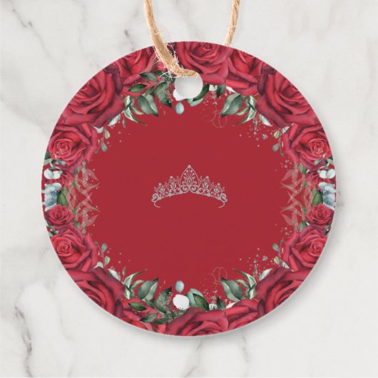Chique rode rozen bloemenkrans zilver prinses tiar bedankjes labels (Achterkant)