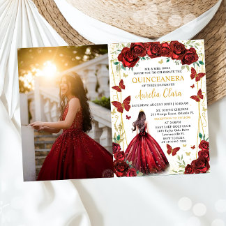 Chique rode rozen bloemenprinses quinceañera foto kaart